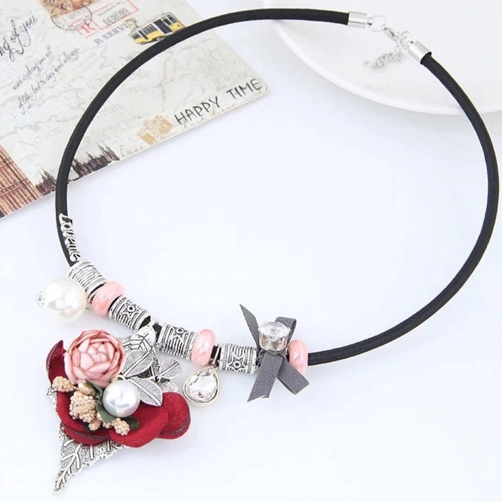 NEW Choker Necklace Flowers Pink Reds Black Cord